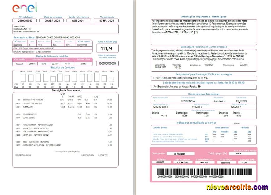 Brazil ENEL electricity utility bill 2 pages
